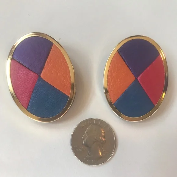 Vintage 80s Earrings, Leather or Vegan Leather Oval Gold Purple Orange Pink Blue - Picture 2 of 7